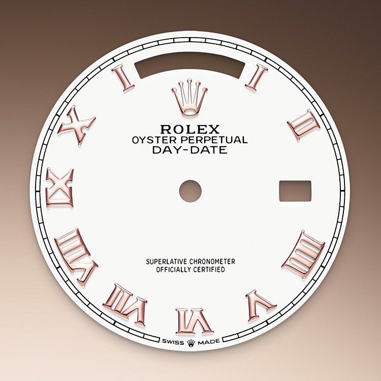  Day-Date  M128235-0052 -  Lacquer combines almost limitless freedom of colour with intensity and a smooth finish. The lacquering technique consists of successively depositing six thin layers of lacquer on a brass base plate. A colourless varnish is then applied to give the colour or shade all of its depth and shine. Once the varnish is dry, the surface of the dial is polished to magnify the colour; the dial is then ready to be pad printed and receive its appliques. | L'Angolo delle Ore