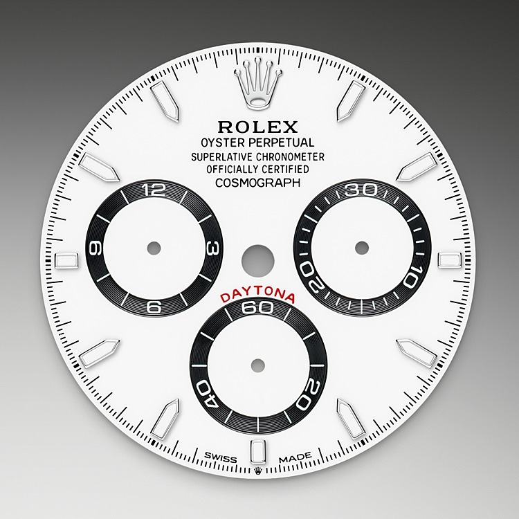 Cosmograph Daytona M126500LN-0001 - Questo modello presenta un quadrante bianco con contatori a cerchi concentrici, indici delle ore in <i>applique</i> e lancette entrambi in oro con visualizzazione Chromalight, una sostanza luminescente ad alta leggibilità. La lancetta centrale dei secondi permette una lettura accurata di 1/8 di secondo, mentre i due contatori presenti sul quadrante misurano il trascorrere delle ore e dei minuti. Ciò consente al pilota di pianificare accuratamente i tempi del percorso e la tattica di guida. | L'Angolo delle Ore