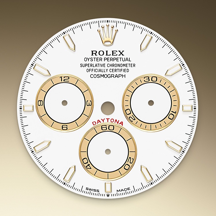  Cosmograph Daytona  M126503-0001 -  Questo modello presenta un quadrante bianco con contatori a cerchi concentrici, indici delle ore in applique e lancette in oro con visualizzazione Chromalight, una sostanza luminescente ad alta leggibilità. La lancetta centrale dei secondi permette una lettura accurata di 1/8 di secondo, mentre i due contatori presenti sul quadrante misurano il trascorrere delle ore e dei minuti. Ciò consente al pilota di pianificare accuratamente i tempi del percorso e la tattica di guida. | L'Angolo delle Ore